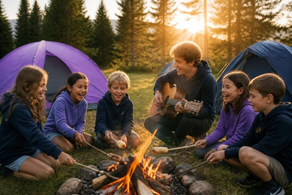 Kinder sitzen bei der Sommerfreizeit am Lagerfeuer, ein Betreuer spielt Gitarre