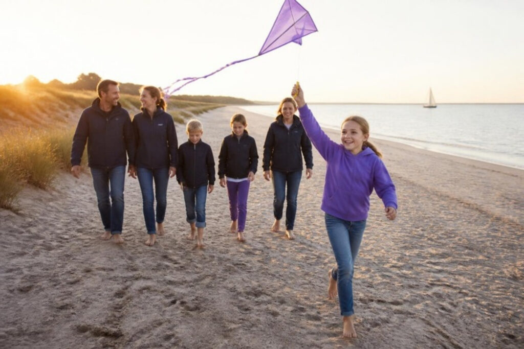 Familien gehen am Strand spazieren, ein Mädchen lässt einen Drachen steigen