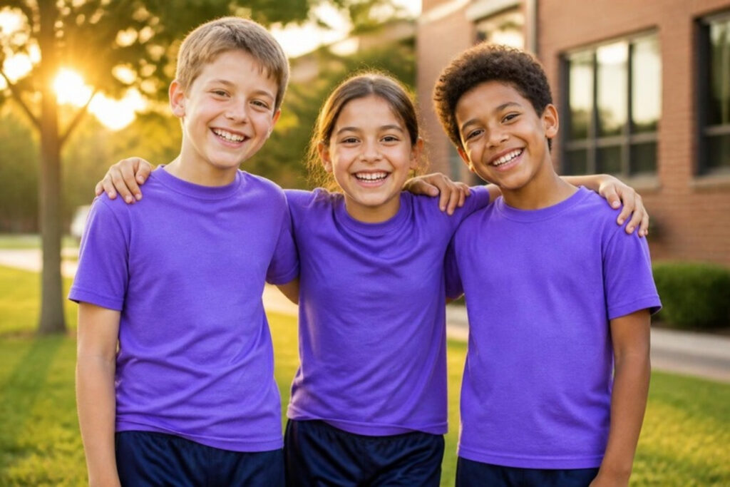 Drei Kinder tragen das violette Vereins-T-Shirt
