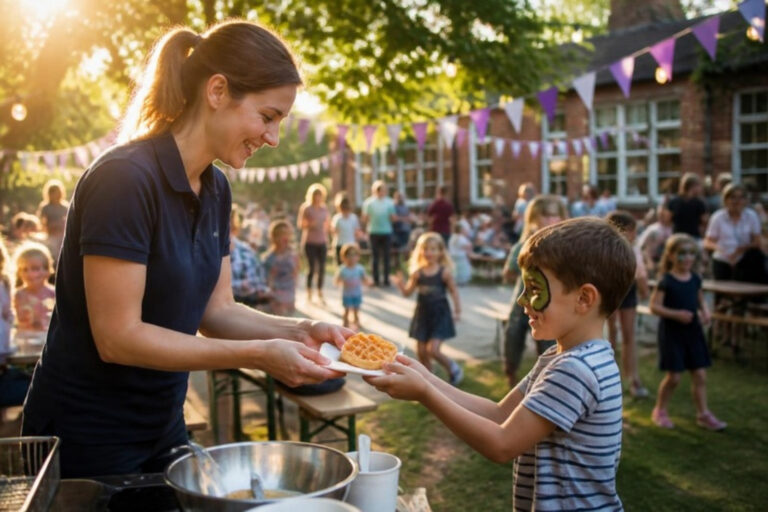 Sommerfest auf dem Schulhof: Eine Helferin reicht einem Jungen eine Waffel