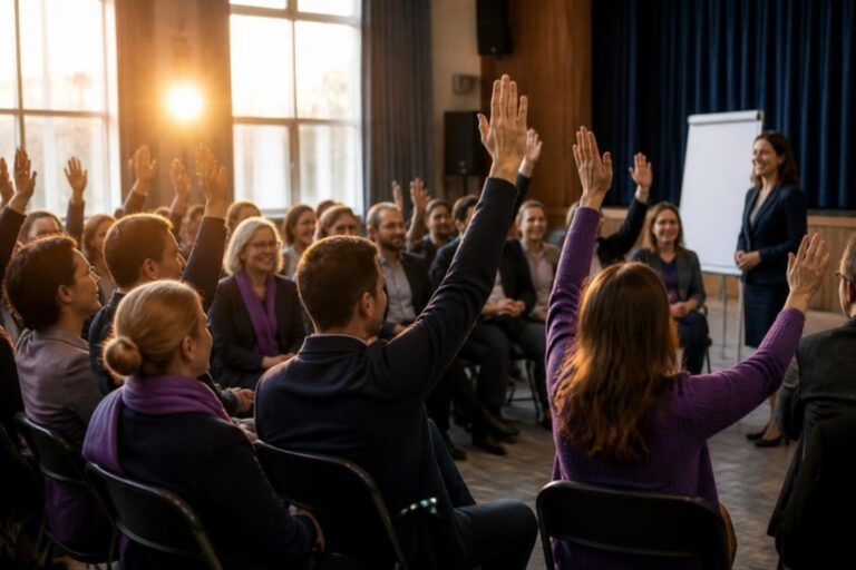Mitgliederversammlung in der Aula: Die Anwesenden stimmen per Handzeichen ab