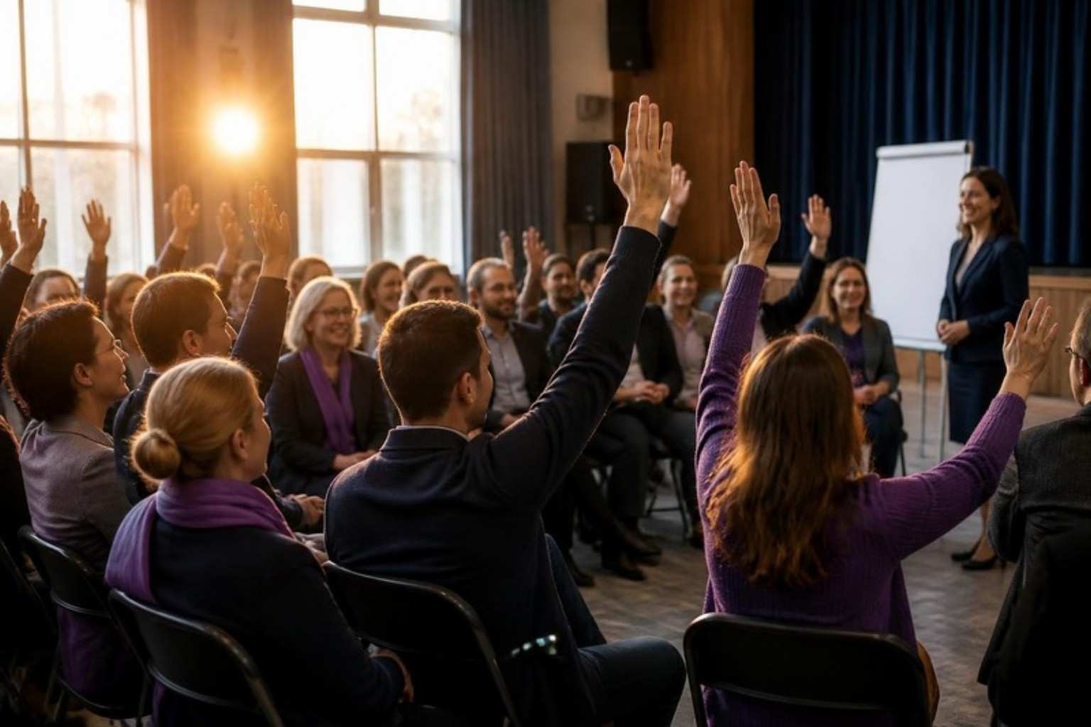Mitgliederversammlung in der Aula: Die Anwesenden stimmen per Handzeichen ab